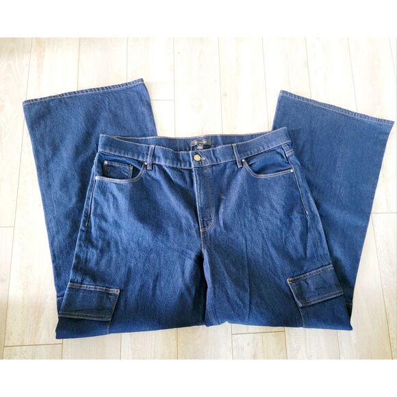 Ann Taylor 14 Wide Leg Cargo Jeans Denim Hi Rise Pckts Dk Wash Size Large NWT - Picture 1 of 7